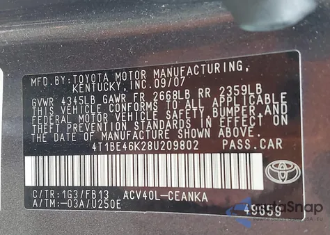 2008 Toyota Camry Le из США, поврежденный, VIN 4T1BE46K28U209802